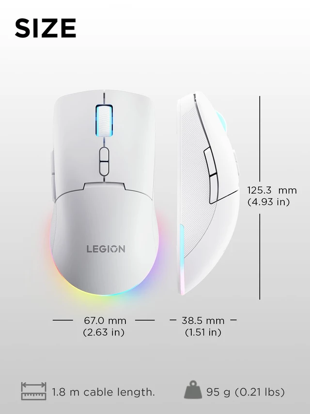 Alt view image 7 of 7 - Legion M220 Wireless RGB Gaming Mouse, Tri-Mode (Bluetooth, 2.4GHz & Wired), 5000 DPI Optical Sensor, 2-Zone RGB Lighting, 100Hr Battery, 7 Buttons, USB-C Rechargeable, Glacier White