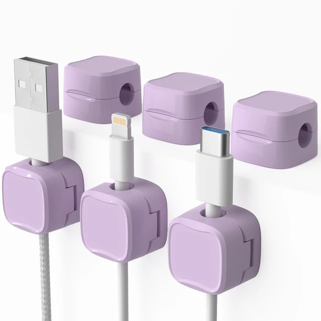 Main image of 6 Pack Magnetic Cord Organizer & Cable Clips - Adjustable Under Desk Cable Management, Adhesive Wire Holder for Home, Office, Phone, Car, Wall, and Nightstand (Violet)