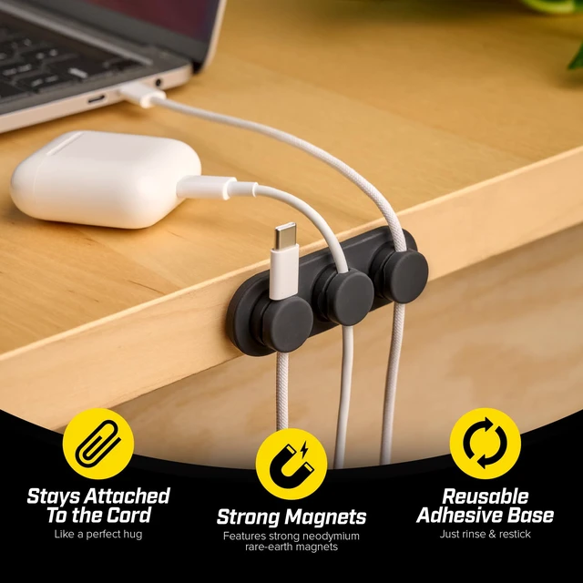 Alt view image 2 of 7 - MagnaDock Magnetic Cable Holder - 2-Pack (Black) | Adhesive Cable Clips Cord Organizer Desktop Cord Holder for Nightstand Desk Cable Management