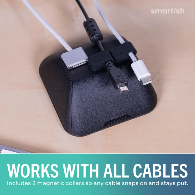 Alt view image 6 of 7 - Magnetic Cord Holder, Cable Wrangler, Nightstand & Desk Organizer | Holds 5 Cords, 2 Cable Clips, Weighted Base, Charger Keeper, Phone Charging Cable Management, Home Office Accessories, Black