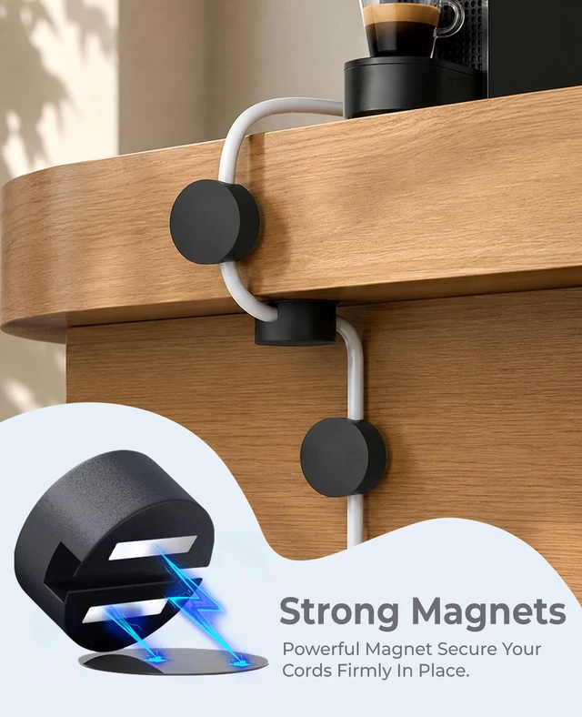 Alt view image 3 of 7 - Magnetic Cord Clips Black, Silicone Cord Organizer Magnet Cable Holder Charging Cable Management Cord Keeper with Adhesive Metal Disc (5 Piece, Large Size)