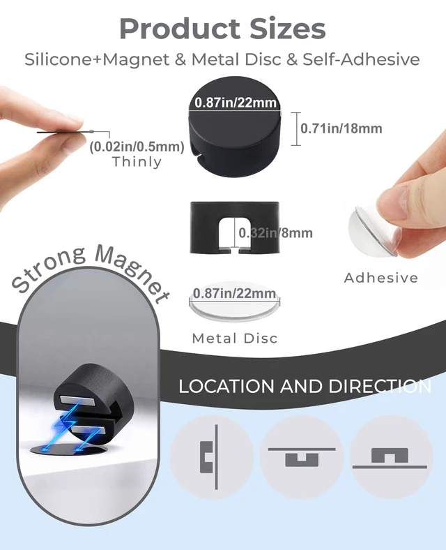 Alt view image 5 of 7 - Magnetic Cord Clips Black, Silicone Cord Organizer Magnet Cable Holder Charging Cable Management Cord Keeper with Adhesive Metal Disc (5 Piece, Large Size)