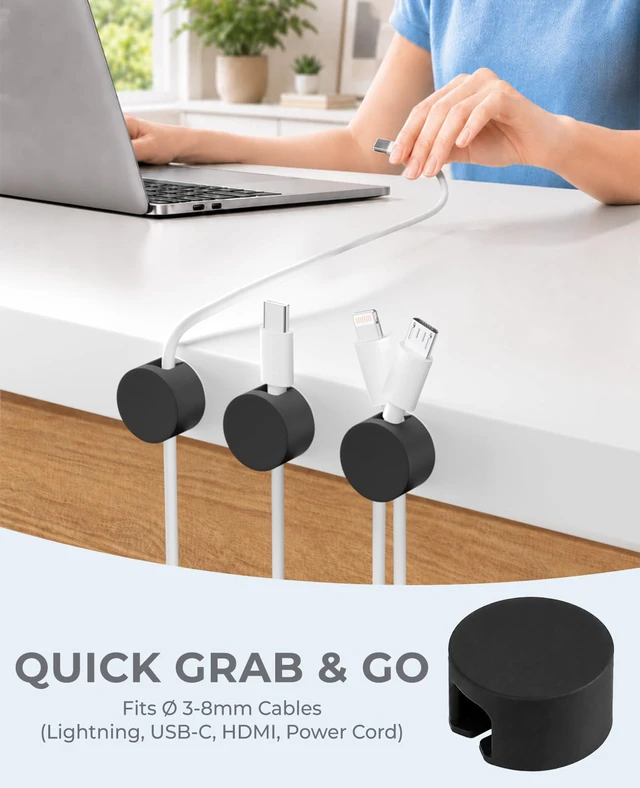 Alt view image 6 of 7 - Magnetic Cord Clips Black, Silicone Cord Organizer Magnet Cable Holder Charging Cable Management Cord Keeper with Adhesive Metal Disc (5 Piece, Large Size)