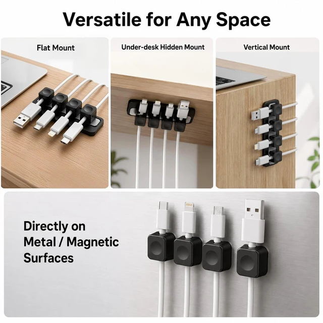 Alt view image 5 of 6 - Magnetic Cable Holder Clip with Back Magnet Black Cord Organizer Heavy Duty | Strong magnetic wire holder 4 pack silicone cable clips, for charge cable management on desk, nightstand, car, home office