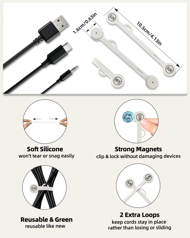 Alt view image 4 of 7 - Magnetic Cord Organizer Cable Cord Organizer Magnet Clips Design Patented Silicone Twist Tie Strap Holder Cord Wrap Keepers Reusable Multi-Purpose Home Office School Gifts 10 Pack White