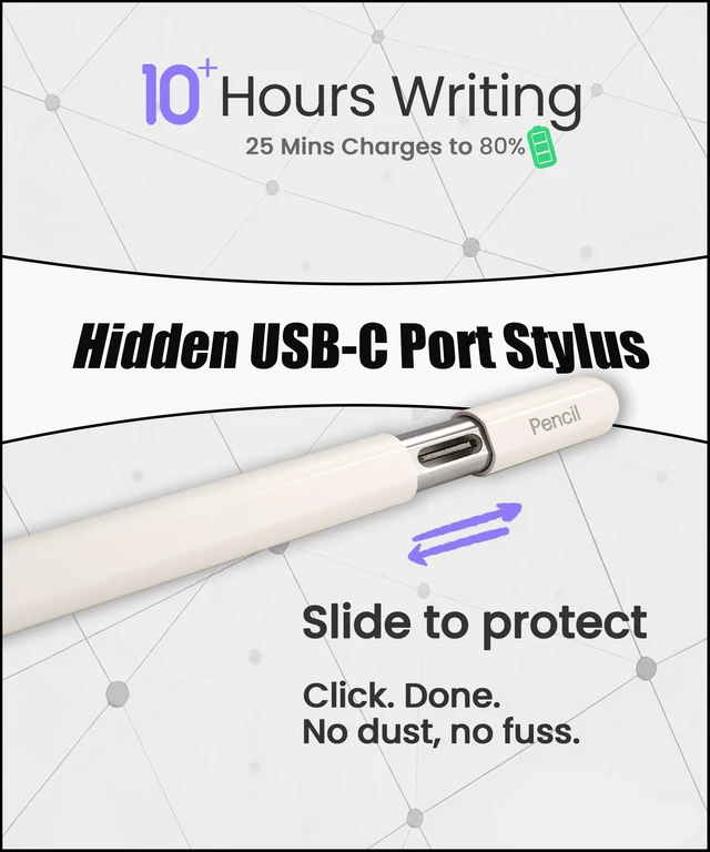Alt view image 3 of 7 - USB-C Pencil for iPad 2018-2026: Hidden-Port & BT Shortcut Button | Stylus Pen with Tilt Sensitivity & Palm Rejection for iPad 6-11th&Mini 5-7th, Air 3-5th/M2/M3, Pro 11"/12.9"/13"(M4/M5)White