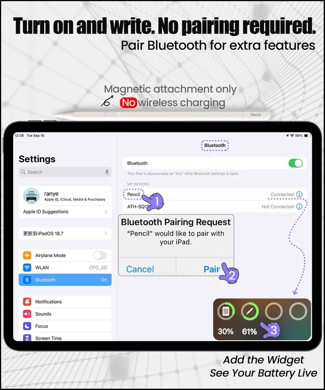 Alt view image 4 of 7 - USB-C Pencil for iPad 2018-2026: Hidden-Port & BT Shortcut Button | Stylus Pen with Tilt Sensitivity & Palm Rejection for iPad 6-11th&Mini 5-7th, Air 3-5th/M2/M3, Pro 11"/12.9"/13"(M4/M5)White