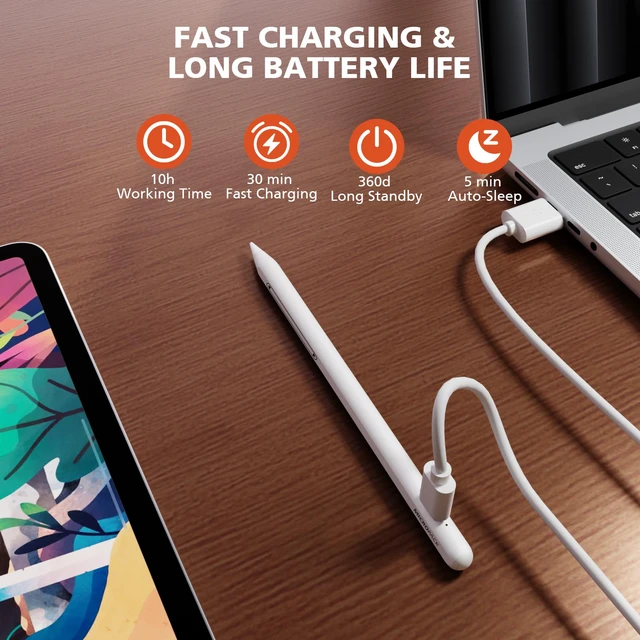 Alt view image 7 of 7 - Stylus Pen for iPad 2018 & Later, Bluetooth Wireless Pencil for iPad Pro/Air/Mini, Palm Rejection Tilt Sensitivity, USB-C Fast Charging Replaceable Pen Nibs White
