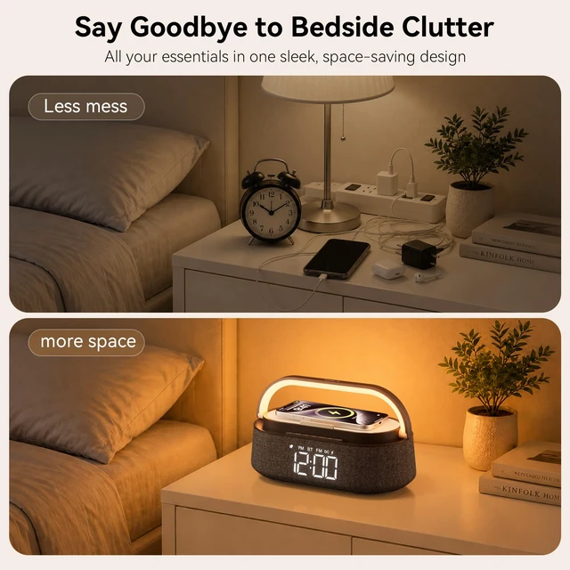 Alt view image 4 of 7 - Alarm Clock Bedrooms with Wireless Charger Bluetooth Speaker FM Radio Light | 6 in 1 Digital Alarm Clocks with Dimmable Night Light, Snooze, Dimmer 12 24H, 2500mAh battery for Home Office,Gift for Man