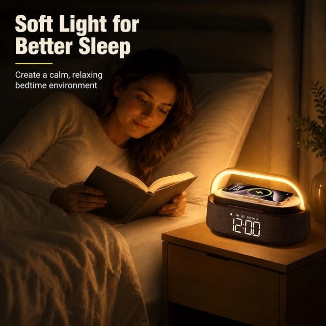 Alt view image 6 of 7 - Alarm Clock Bedrooms with Wireless Charger Bluetooth Speaker FM Radio Light | 6 in 1 Digital Alarm Clocks with Dimmable Night Light, Snooze, Dimmer 12 24H, 2500mAh battery for Home Office,Gift for Man