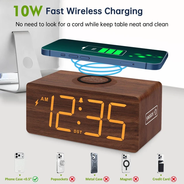 Alt view image 2 of 7 - Wooden Digital Alarm Clock with Wireless Charging for Bedroom | Bedside Nightstand Clock with Charger Station, USB Port, Large Numbers, Adjustable Volume, Brightness Dimmer, DST