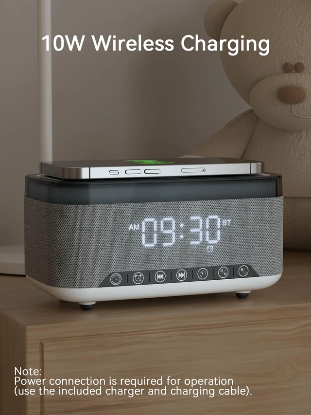 Alt view image 3 of 7 - Bluetooth Speaker Alarm Clock with 10w Fast Wireless Charger for iPhone Samsung, 10W Stereo Bluetooth Speaker, 12-Color Night Light, White Noise Machine Digital Clock with FM Radio for Bedroom