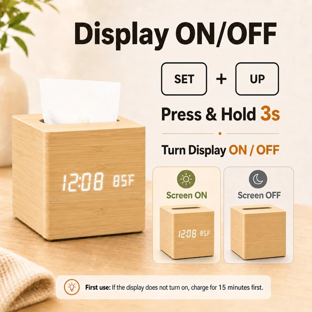 Alt view image 2 of 3 - Digital Clock Tissue Box, Desk & Nightstand, 5 Alarms & Temp | 2-in-1 WoodenTissue Box Cover with Cordless Digital Clock, 8-Level Dimming, Date, Temperature, 5 Alarms
