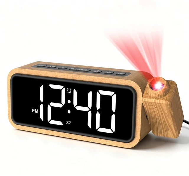 Main image of Wooden Projection Alarm Clock, Loud Digital Plug-in Clock with 180° Rotatable Projector, 5 Volumes, 12 Ringtones, Snooze for Bedroom Ceiling Wood Decor