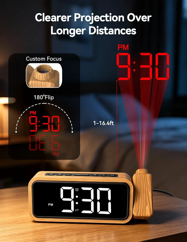 Alt view image 2 of 7 - Wooden Projection Alarm Clock, Loud Digital Plug-in Clock with 180° Rotatable Projector, 5 Volumes, 12 Ringtones, Snooze for Bedroom Ceiling Wood Decor