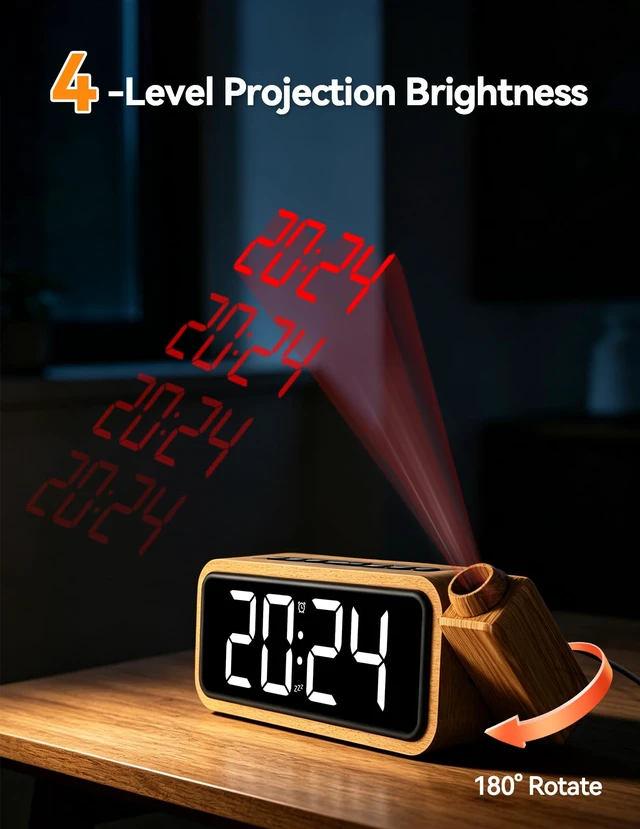 Alt view image 3 of 7 - Wooden Projection Alarm Clock, Loud Digital Plug-in Clock with 180° Rotatable Projector, 5 Volumes, 12 Ringtones, Snooze for Bedroom Ceiling Wood Decor