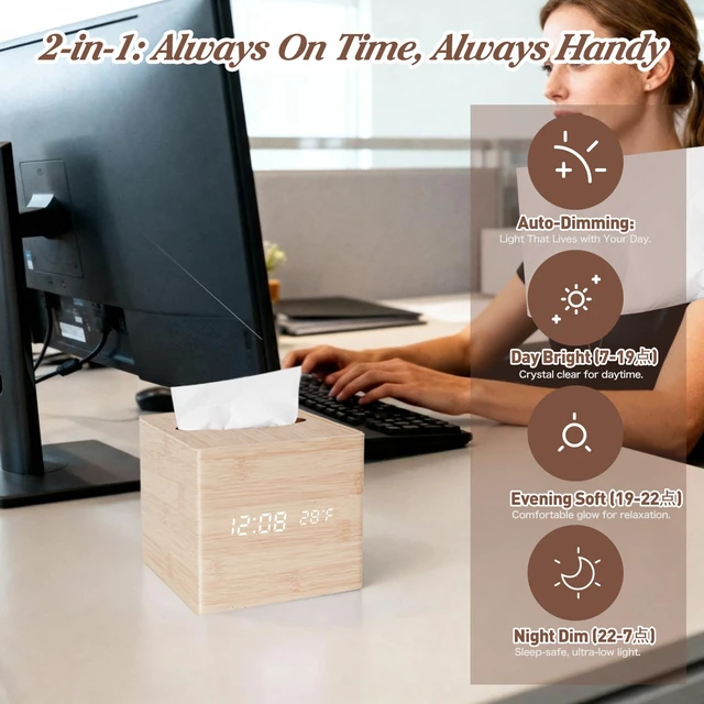 Alt view image 3 of 3 - Digital Clock Tissue Box, Desk & Nightstand, 5 Alarms & Temp | 2-in-1 WoodenTissue Box Cover with Cordless Digital Clock, 8-Level Dimming, Date, Temperature, 5 Alarms
