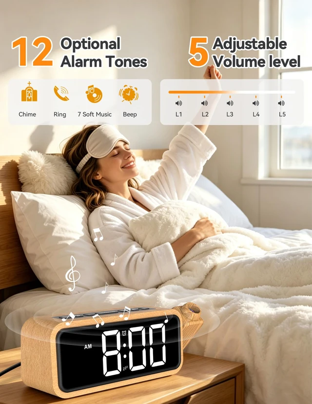 Alt view image 4 of 7 - Wooden Projection Alarm Clock, Loud Digital Plug-in Clock with 180° Rotatable Projector, 5 Volumes, 12 Ringtones, Snooze for Bedroom Ceiling Wood Decor