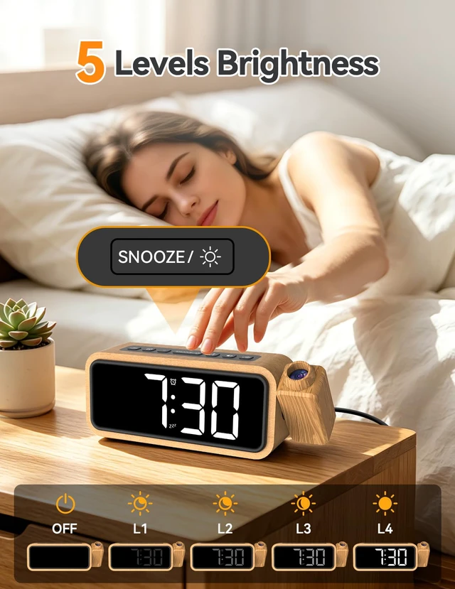 Alt view image 5 of 7 - Wooden Projection Alarm Clock, Loud Digital Plug-in Clock with 180° Rotatable Projector, 5 Volumes, 12 Ringtones, Snooze for Bedroom Ceiling Wood Decor