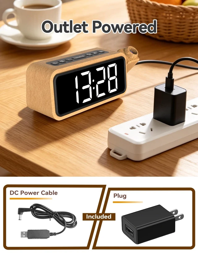 Alt view image 6 of 7 - Wooden Projection Alarm Clock, Loud Digital Plug-in Clock with 180° Rotatable Projector, 5 Volumes, 12 Ringtones, Snooze for Bedroom Ceiling Wood Decor
