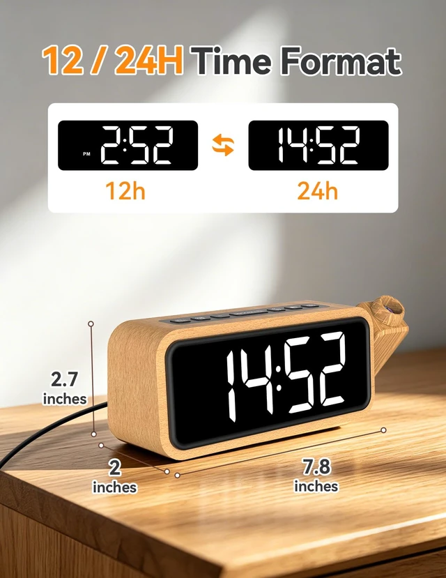 Alt view image 7 of 7 - Wooden Projection Alarm Clock, Loud Digital Plug-in Clock with 180° Rotatable Projector, 5 Volumes, 12 Ringtones, Snooze for Bedroom Ceiling Wood Decor