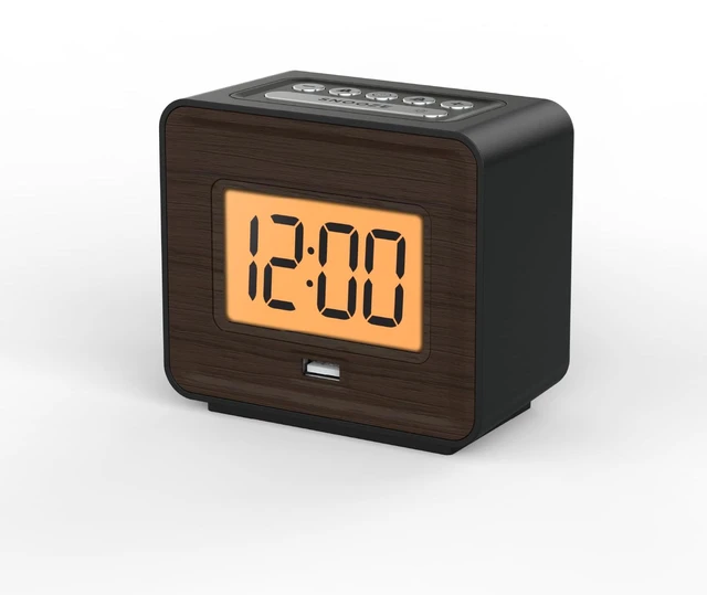 Main image of Wood Face Alarm Clock LCD Display Battery-Powered, USB Charger | Orange backlight with dimmable, simple alarm clock with USB charging, snooze and minimalist design for home travel