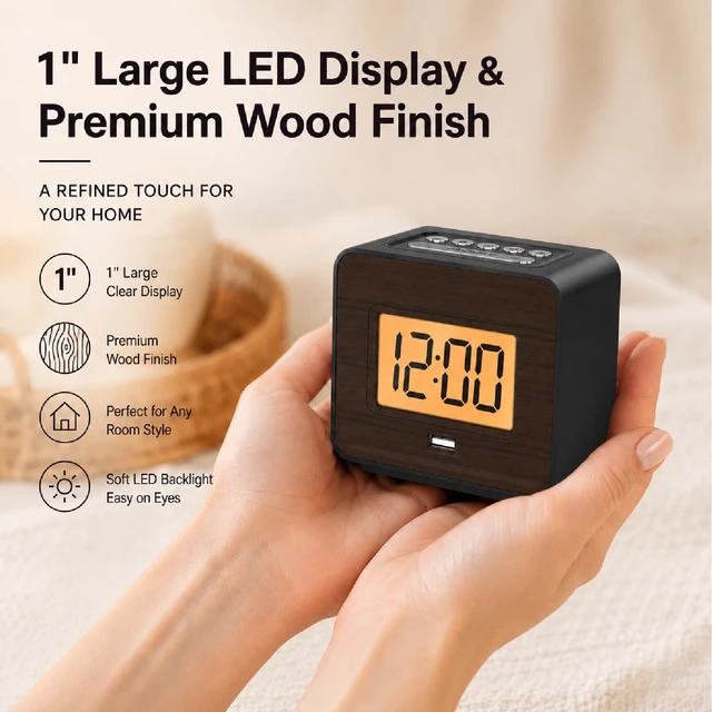 Alt view image 2 of 7 - Wood Face Alarm Clock LCD Display Battery-Powered, USB Charger | Orange backlight with dimmable, simple alarm clock with USB charging, snooze and minimalist design for home travel