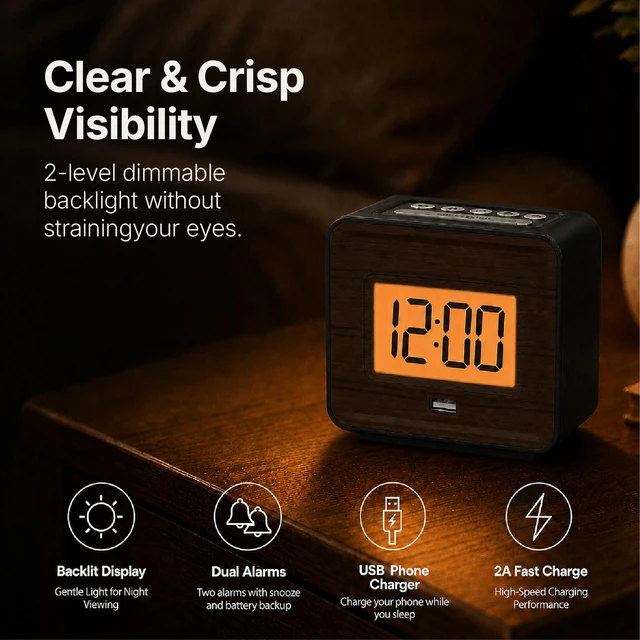 Alt view image 3 of 7 - Wood Face Alarm Clock LCD Display Battery-Powered, USB Charger | Orange backlight with dimmable, simple alarm clock with USB charging, snooze and minimalist design for home travel