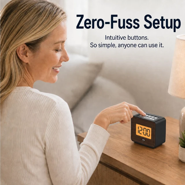 Alt view image 4 of 7 - Wood Face Alarm Clock LCD Display Battery-Powered, USB Charger | Orange backlight with dimmable, simple alarm clock with USB charging, snooze and minimalist design for home travel
