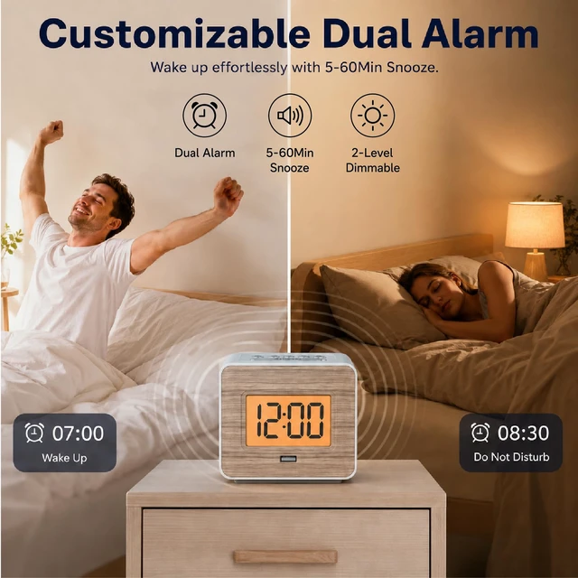 Alt view image 5 of 7 - Wood Face Alarm Clock LCD Display Battery-Powered, USB Charger | Orange backlight with dimmable, simple alarm clock with USB charging, snooze and minimalist design for home travel