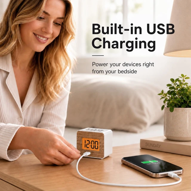 Alt view image 6 of 7 - Wood Face Alarm Clock LCD Display Battery-Powered, USB Charger | Orange backlight with dimmable, simple alarm clock with USB charging, snooze and minimalist design for home travel