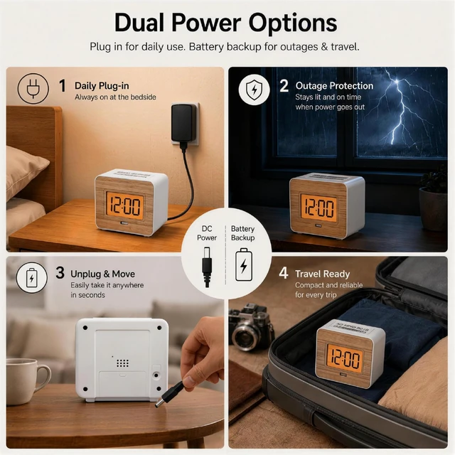 Alt view image 7 of 7 - Wood Face Alarm Clock LCD Display Battery-Powered, USB Charger | Orange backlight with dimmable, simple alarm clock with USB charging, snooze and minimalist design for home travel