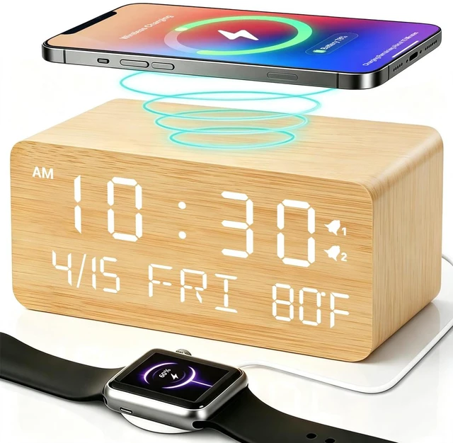 Main image of Wooden Digital Alarm Clock with Wireless Charging, 0-100% Adjustable Brightness Dimmer and Alarm Volume, Weekday/Weekend Mode, Dual Alarm, Snooze, 12/24H, Wood LED Clock for Bedroom (Bamboo)