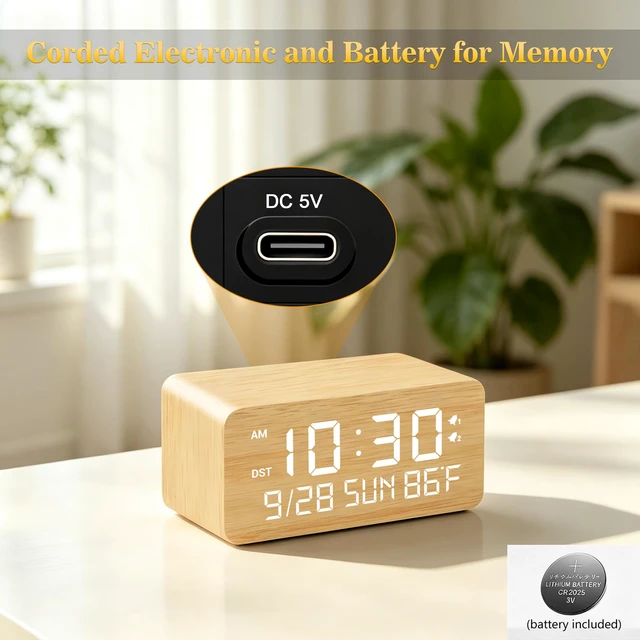 Alt view image 2 of 7 - Wooden Digital Alarm Clock with Wireless Charging, 0-100% Adjustable Brightness Dimmer and Alarm Volume, Weekday/Weekend Mode, Dual Alarm, Snooze, 12/24H, Wood LED Clock for Bedroom (Bamboo)