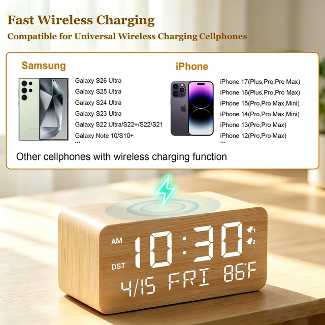 Alt view image 4 of 7 - Wooden Digital Alarm Clock with Wireless Charging, 0-100% Adjustable Brightness Dimmer and Alarm Volume, Weekday/Weekend Mode, Dual Alarm, Snooze, 12/24H, Wood LED Clock for Bedroom (Bamboo)