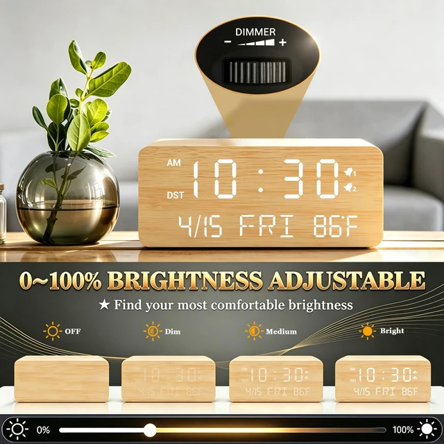 Alt view image 5 of 7 - Wooden Digital Alarm Clock with Wireless Charging, 0-100% Adjustable Brightness Dimmer and Alarm Volume, Weekday/Weekend Mode, Dual Alarm, Snooze, 12/24H, Wood LED Clock for Bedroom (Bamboo)