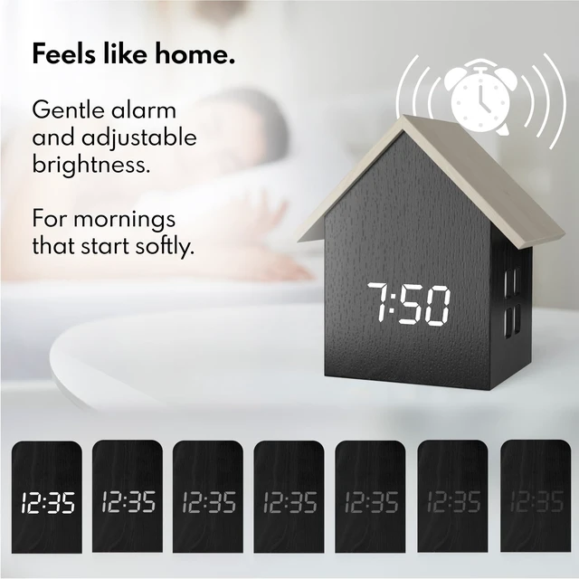 Alt view image 2 of 7 - Modern House Shaped Digital Clock Small Alarm Clock, Dark Wood | USB-C powered, with a dimmable LED display and indoor temperature decorative styling for a bedside table or living room.