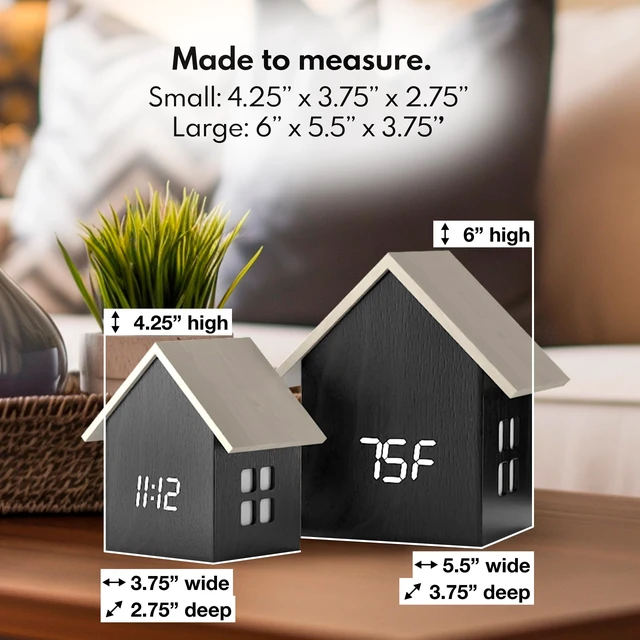 Alt view image 3 of 7 - Modern House Shaped Digital Clock Small Alarm Clock, Dark Wood | USB-C powered, with a dimmable LED display and indoor temperature decorative styling for a bedside table or living room.