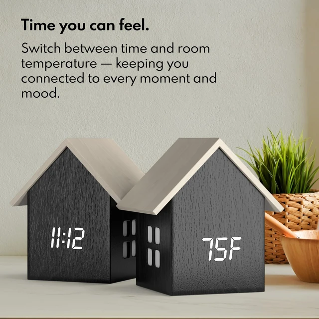 Alt view image 5 of 7 - Modern House Shaped Digital Clock Small Alarm Clock, Dark Wood | USB-C powered, with a dimmable LED display and indoor temperature decorative styling for a bedside table or living room.