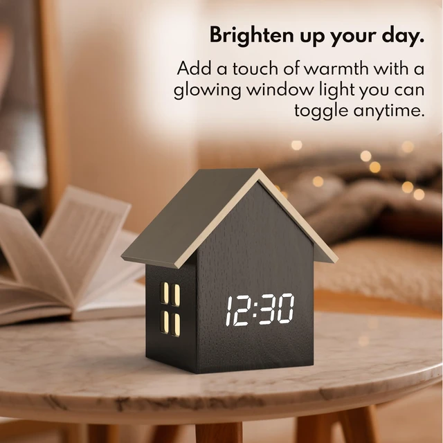 Alt view image 4 of 7 - Modern House Shaped Digital Clock Small Alarm Clock, Dark Wood | USB-C powered, with a dimmable LED display and indoor temperature decorative styling for a bedside table or living room.