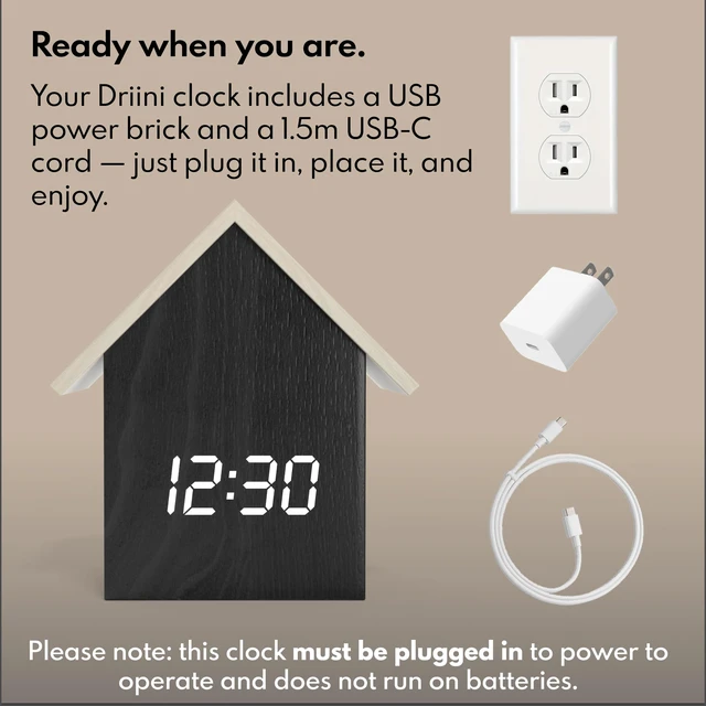 Alt view image 6 of 7 - Modern House Shaped Digital Clock Small Alarm Clock, Dark Wood | USB-C powered, with a dimmable LED display and indoor temperature decorative styling for a bedside table or living room.