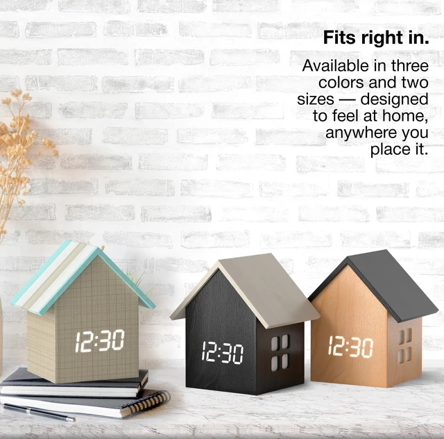Alt view image 7 of 7 - Modern House Shaped Digital Clock Small Alarm Clock, Dark Wood | USB-C powered, with a dimmable LED display and indoor temperature decorative styling for a bedside table or living room.