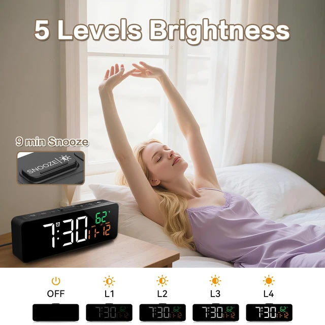 Alt view image 6 of 7 - 3-in-1 Digital Clocks for Living Room, Small & Compact Alarm Clock | Temperature, Date & Time Display, 4 Birghtness, 3 Volumes, Plug-in, for Bedroom, Office