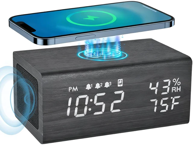 Main image of Wooden Digital Alarm Clocks,10W Wireless Charging with 3 Alarms, Dual 5W Stereo Bluetooth Speaker and Light Up with Sound, Adjustable Brightness Date Display Clock for Bedroom, Heavy Sleepers Adults