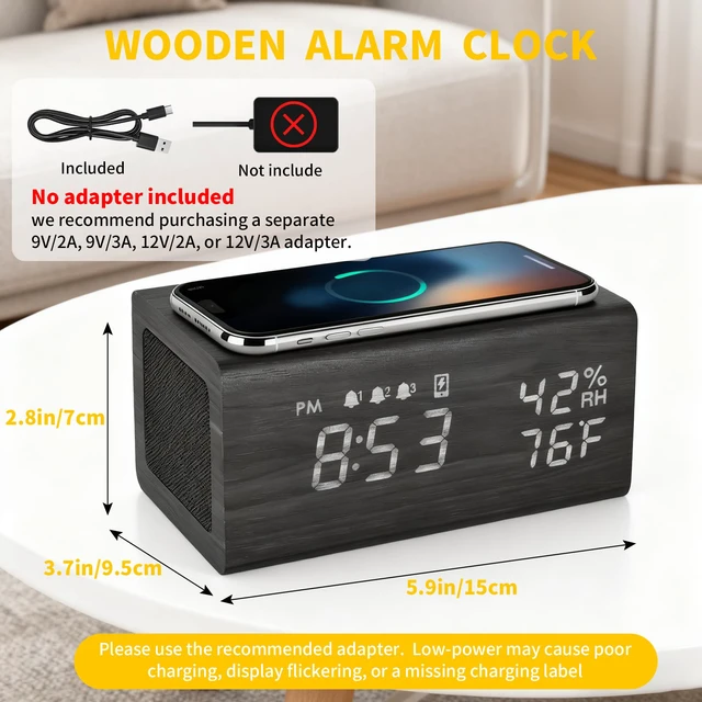 Alt view image 2 of 7 - Wooden Digital Alarm Clocks,10W Wireless Charging with 3 Alarms, Dual 5W Stereo Bluetooth Speaker and Light Up with Sound, Adjustable Brightness Date Display Clock for Bedroom, Heavy Sleepers Adults