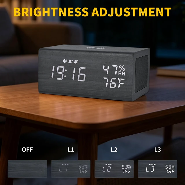 Alt view image 3 of 7 - Wooden Digital Alarm Clocks,10W Wireless Charging with 3 Alarms, Dual 5W Stereo Bluetooth Speaker and Light Up with Sound, Adjustable Brightness Date Display Clock for Bedroom, Heavy Sleepers Adults