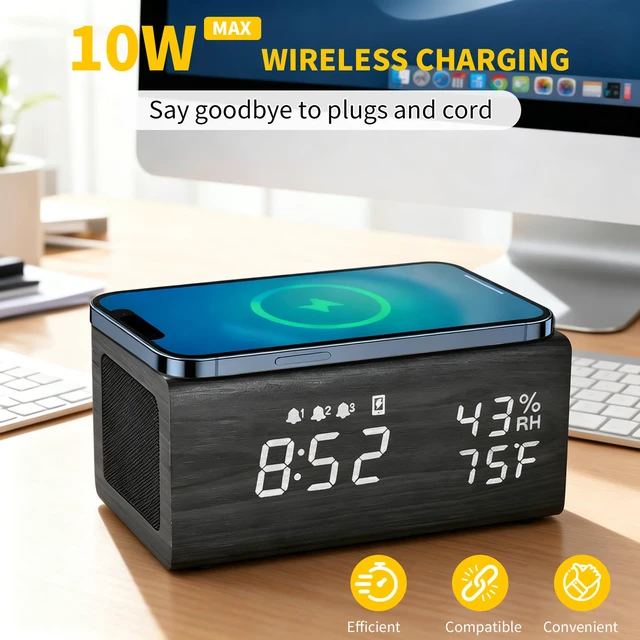 Alt view image 4 of 7 - Wooden Digital Alarm Clocks,10W Wireless Charging with 3 Alarms, Dual 5W Stereo Bluetooth Speaker and Light Up with Sound, Adjustable Brightness Date Display Clock for Bedroom, Heavy Sleepers Adults