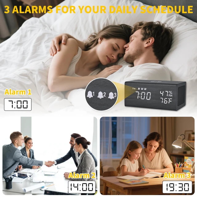 Alt view image 5 of 7 - Wooden Digital Alarm Clocks,10W Wireless Charging with 3 Alarms, Dual 5W Stereo Bluetooth Speaker and Light Up with Sound, Adjustable Brightness Date Display Clock for Bedroom, Heavy Sleepers Adults