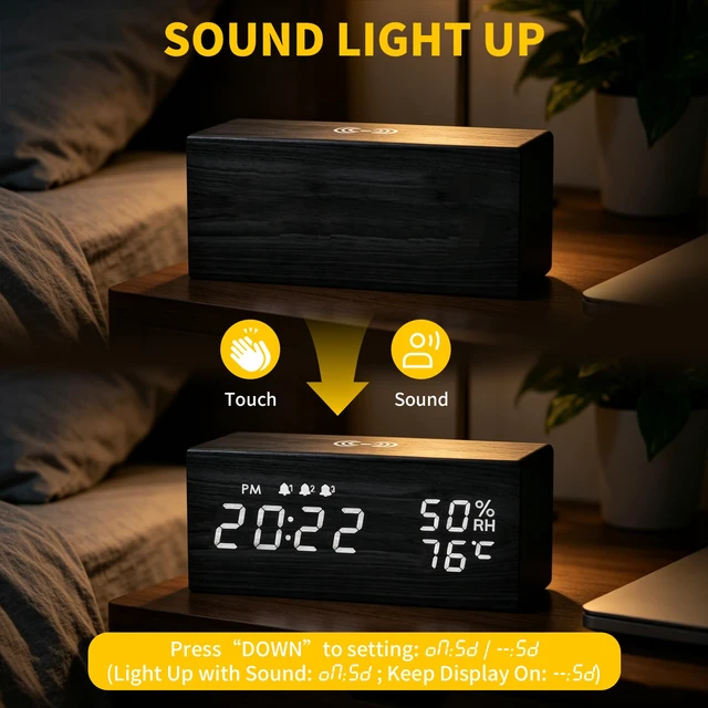 Alt view image 6 of 7 - Wooden Digital Alarm Clocks,10W Wireless Charging with 3 Alarms, Dual 5W Stereo Bluetooth Speaker and Light Up with Sound, Adjustable Brightness Date Display Clock for Bedroom, Heavy Sleepers Adults