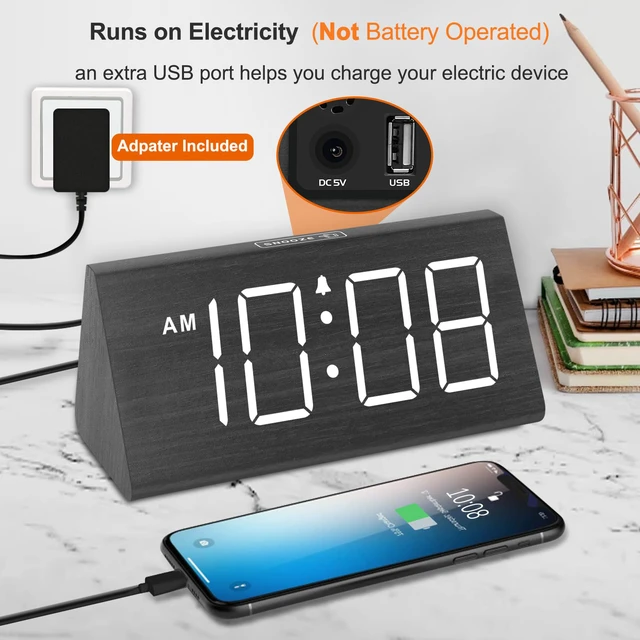 Alt view image 5 of 7 - Wooden Digital Alarm Clock for Bedroom Living Room, Large Numbers | Electric Desk Clock with USB Port, Loud Alarm for Heavy Sleepers, Adjustable Volume, Dimmer, DST, Wood Décor Gifts (Plug-in)